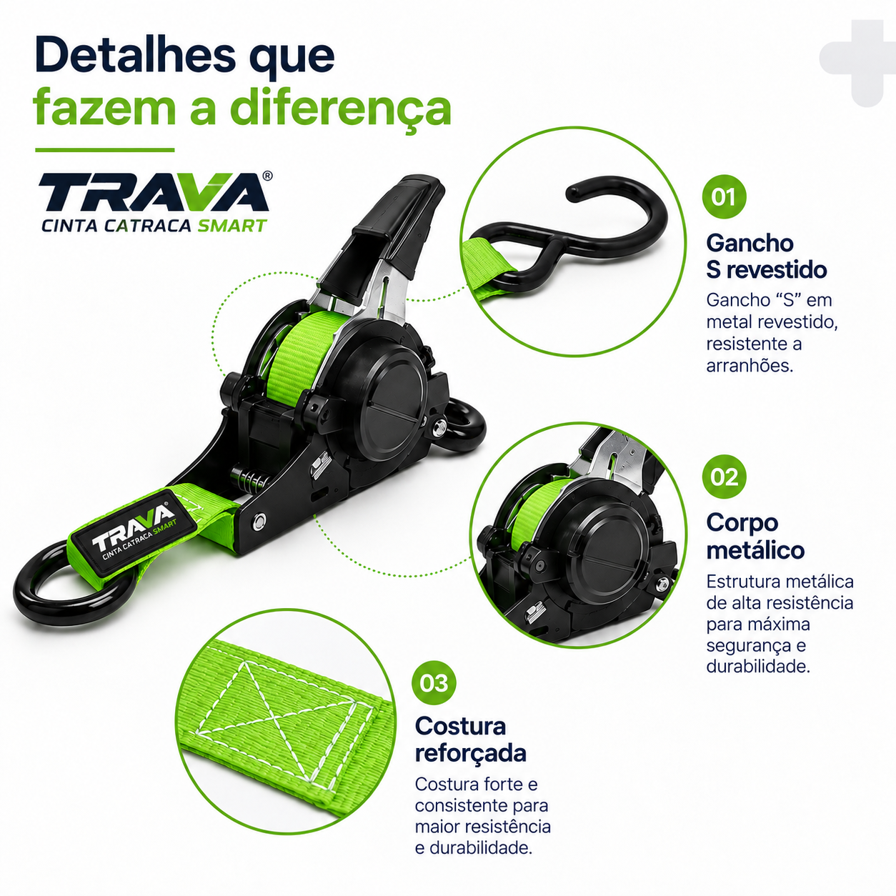 Detalhes da TRAVA: gancho S revestido, corpo metálico e costura reforçada