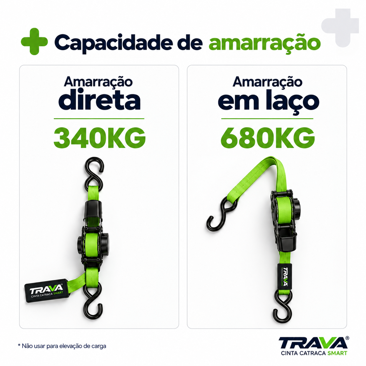 Capacidade de amarração: 340KG em amarração direta e 680KG em amarração em laço